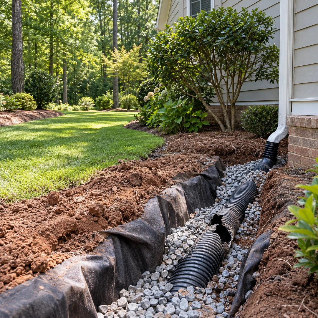 Damaged corrugated drain pipe exposed beside a house