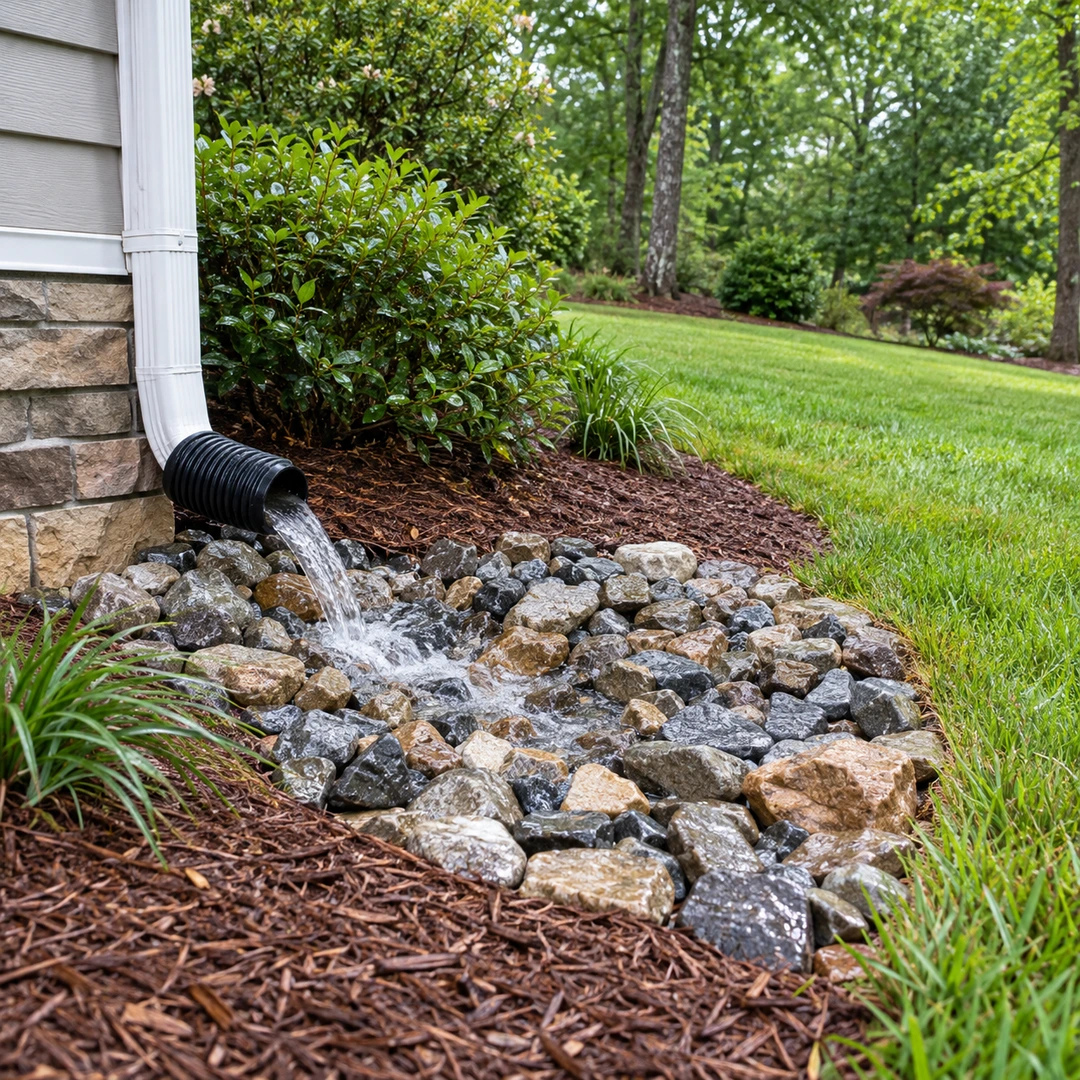 Water flowing from an intact outlet onto a stone bed