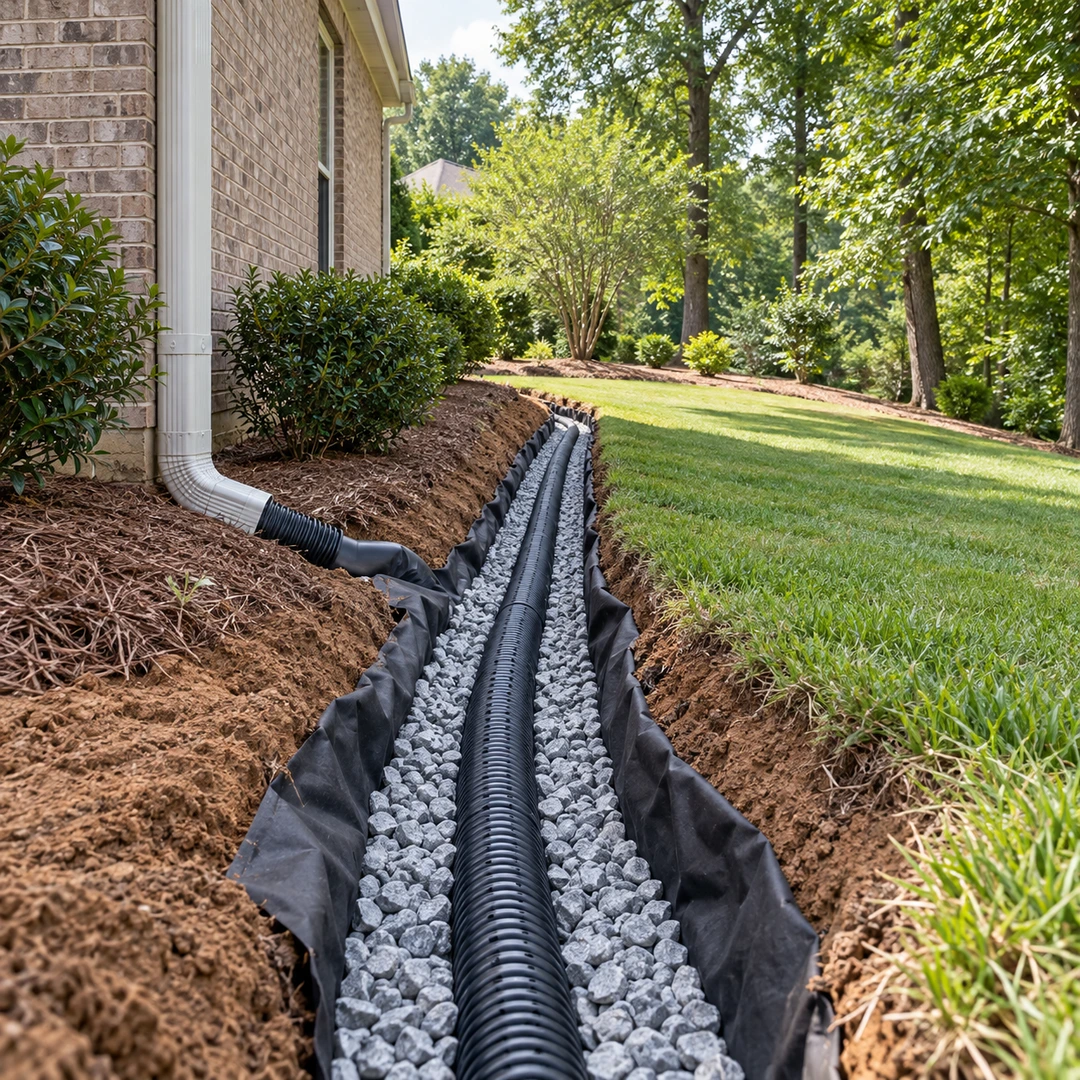 Downspout connected to a gravel lined exterior drain trench