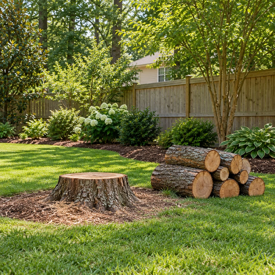 Cleared lawn area with a short stump and tidy log stack