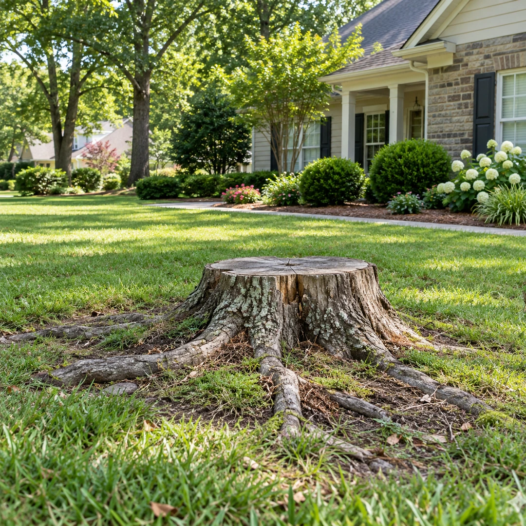 Low weathered stump with natural roots in an open lawn