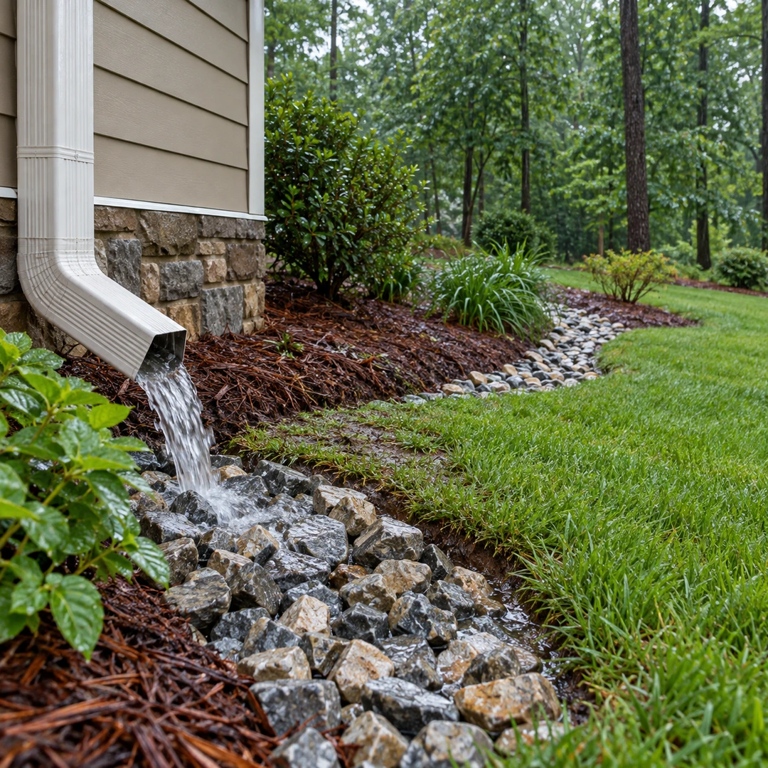 Rainwater flowing toward a stone protected receiving area
