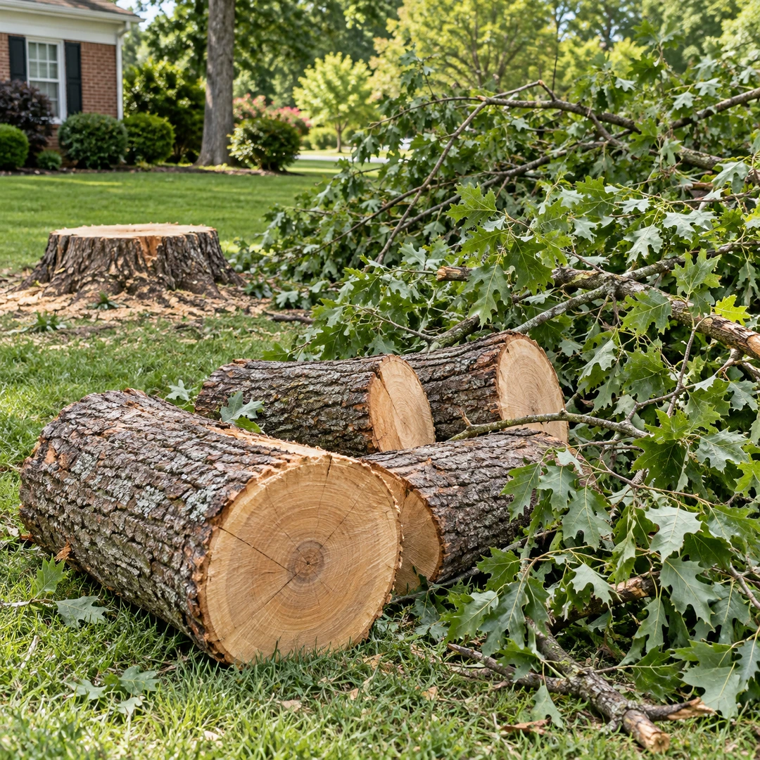 Fresh trunk sections and leafy branches after tree removal