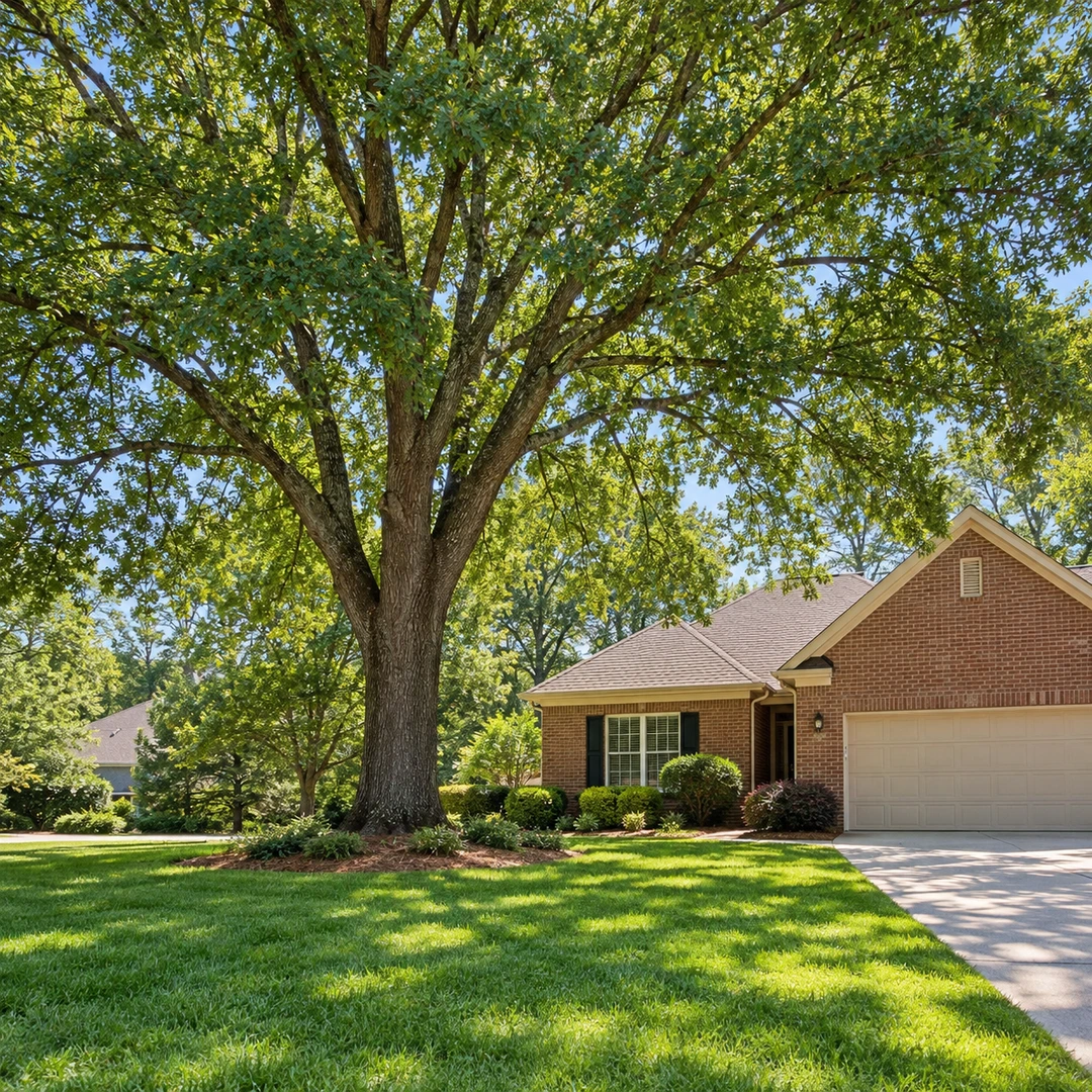 Mature shade tree beside a brick house and driveway