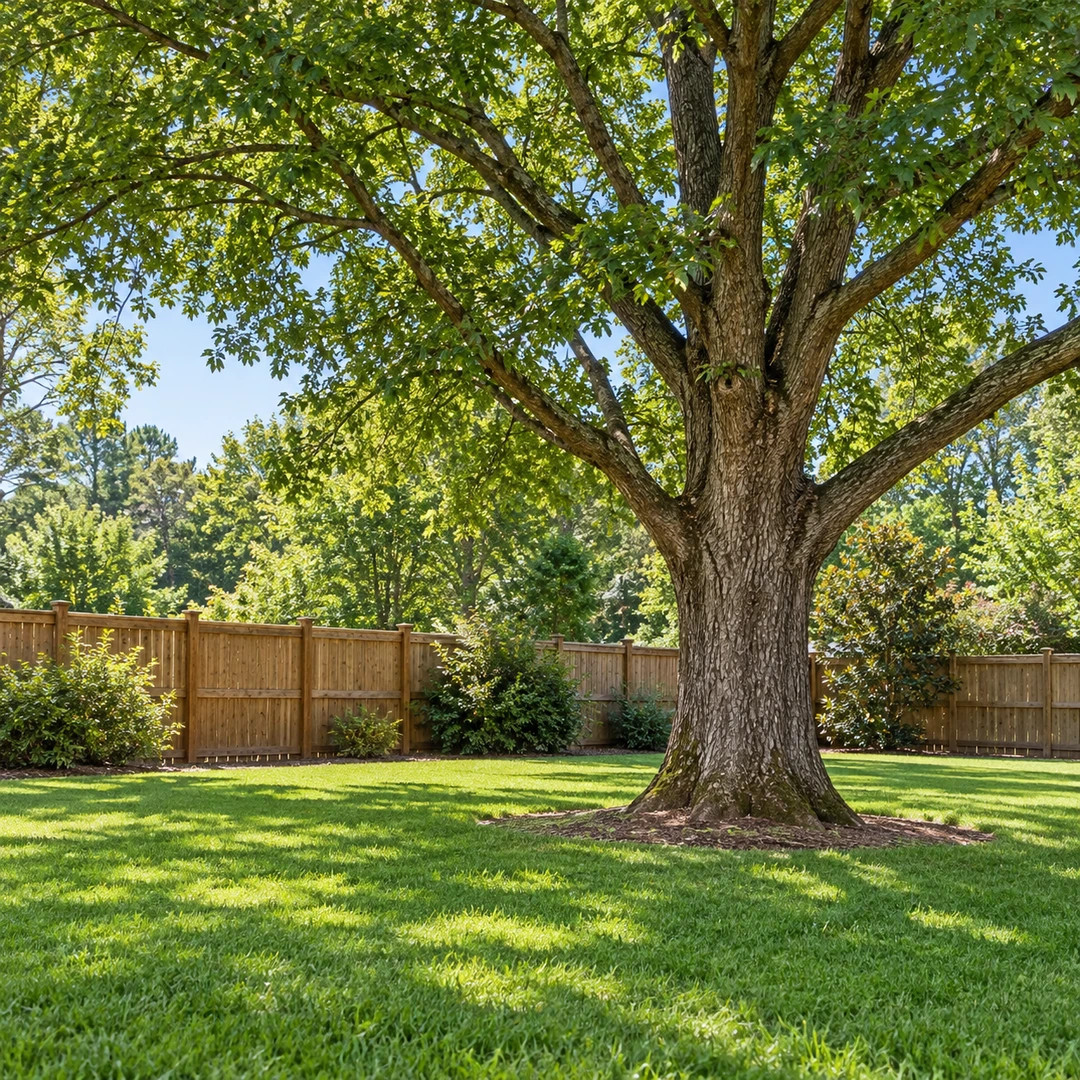 Mature tree near a backyard fence with clear lawn access