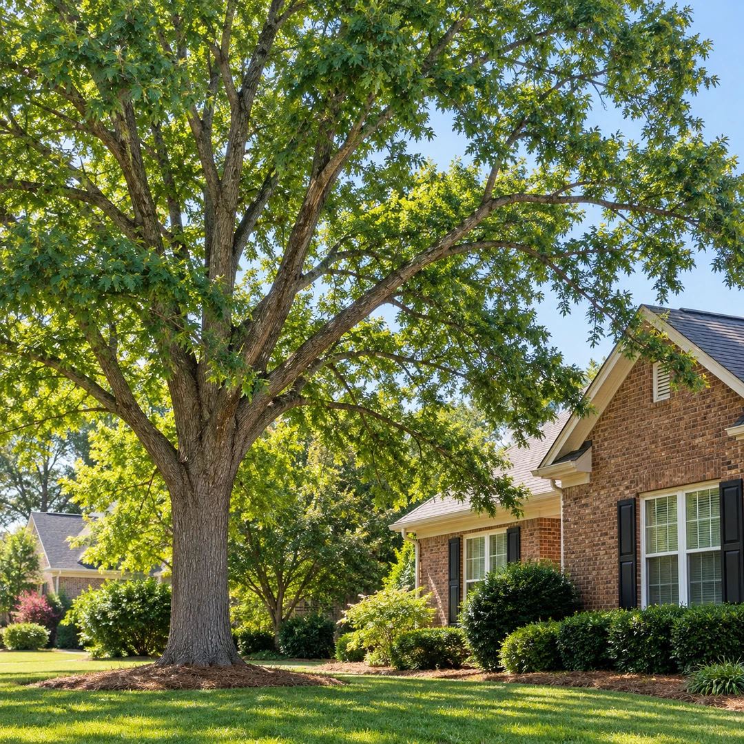 Healthy shade tree with an intact natural canopy beside a house