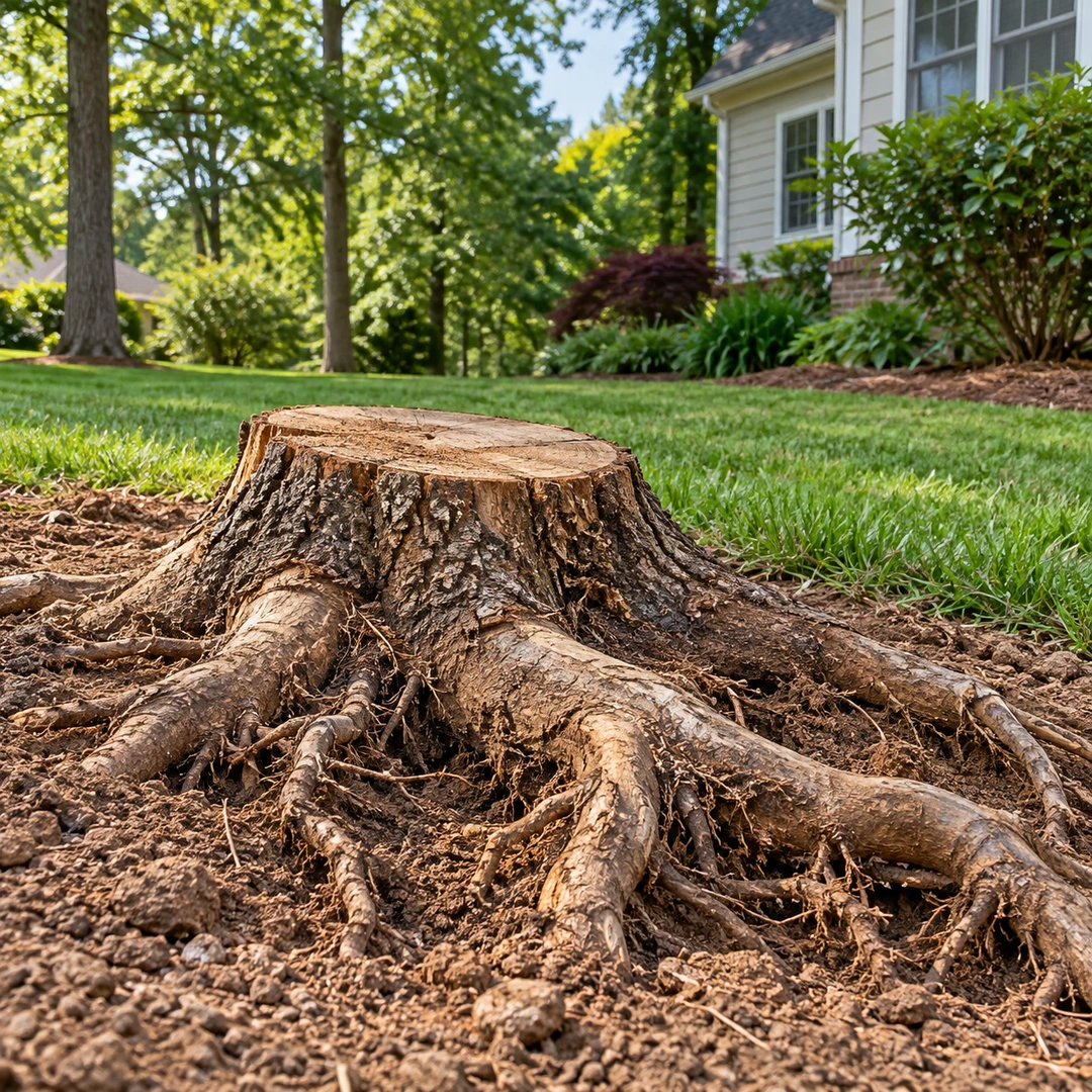 Low cut stump with natural roots embedded beside grass