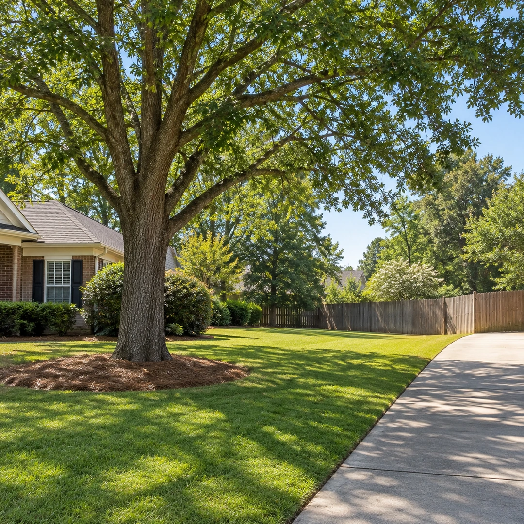 Mature tree beside a driveway and clear lawn access