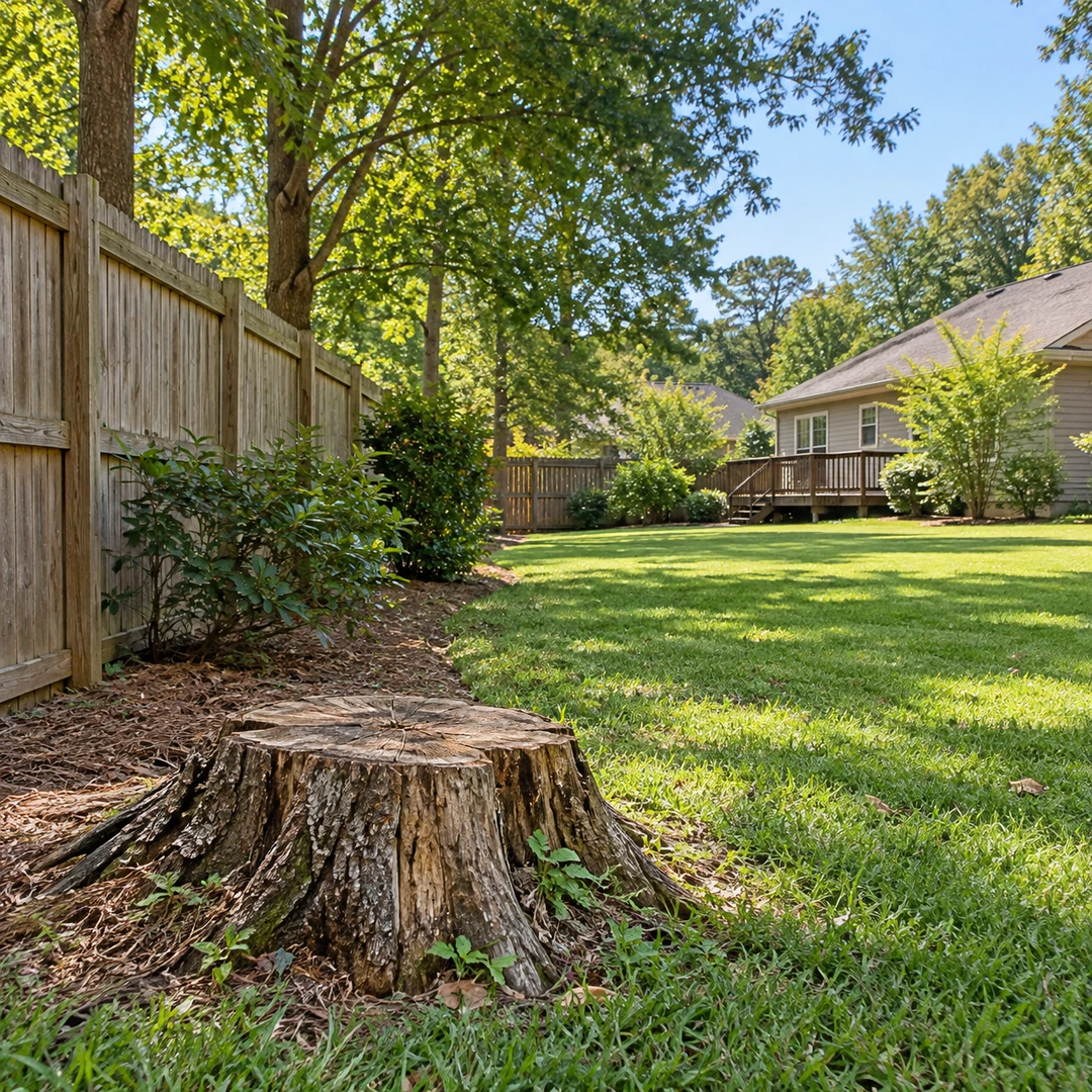 Weathered stump near a backyard fence with lawn access