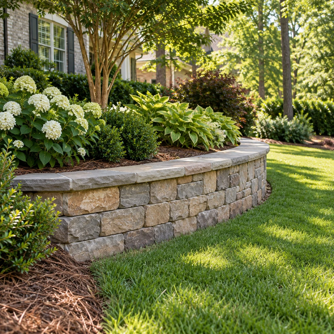 Short curved retaining wall supporting a planted garden