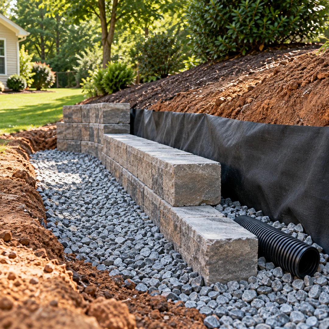 Retaining wall construction with gravel foundation and drainage pipe