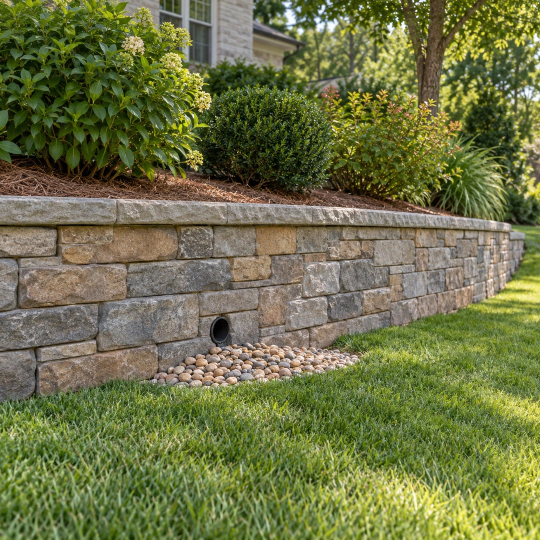 Finished retaining wall with an outlet above a stone bed