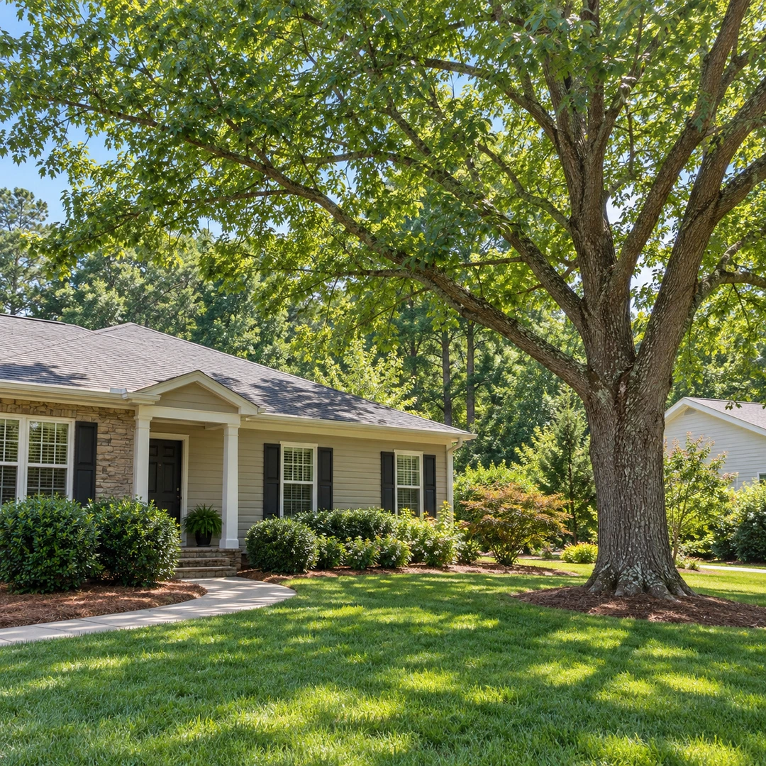 Retained shade tree beside a residential lawn path