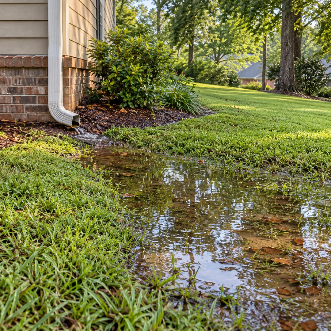 Shallow pooling beside a downspout in a backyard lawn