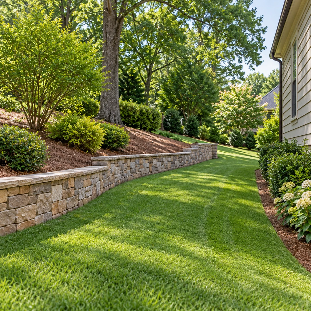 Low stone retaining wall beside a gentle side lawn slope