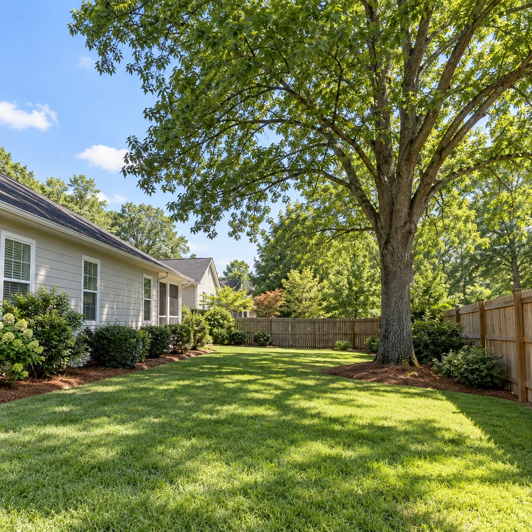 Mature tree beside a wooden fence and clear grass access