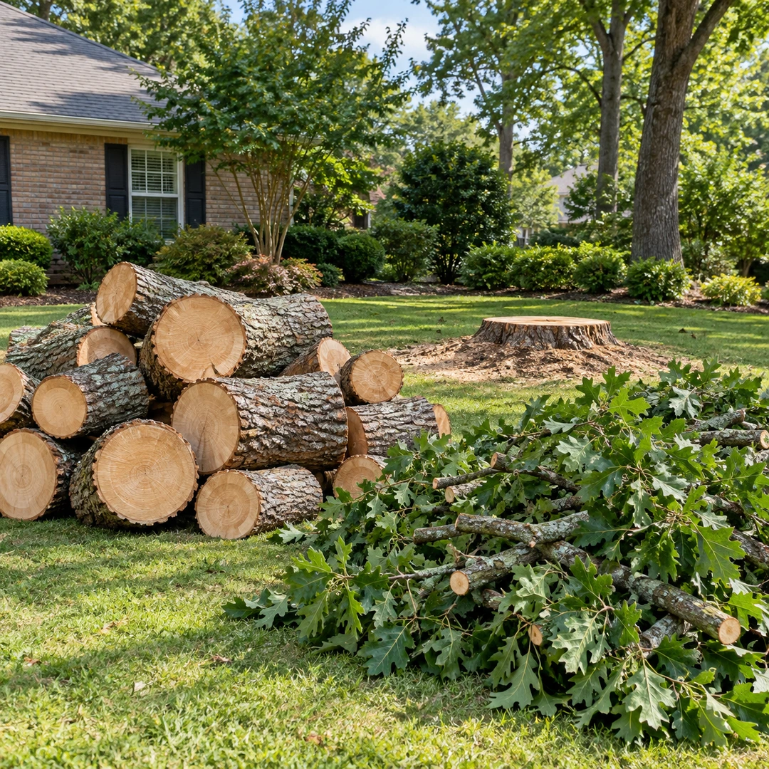 Cut trunk rounds and leafy branches in separate piles