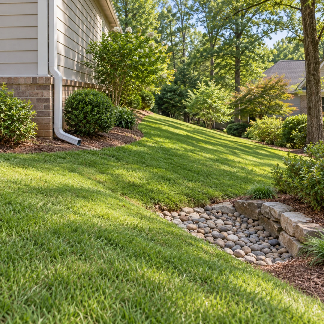 Side lawn with a downspout and stone protected receiving area