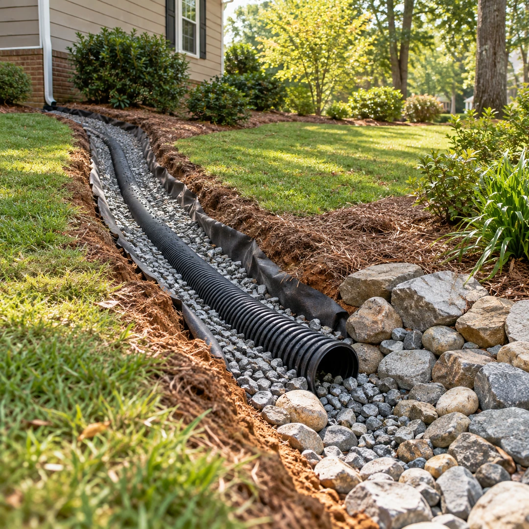 French drain trench with pipe bedded in gravel and filter fabric