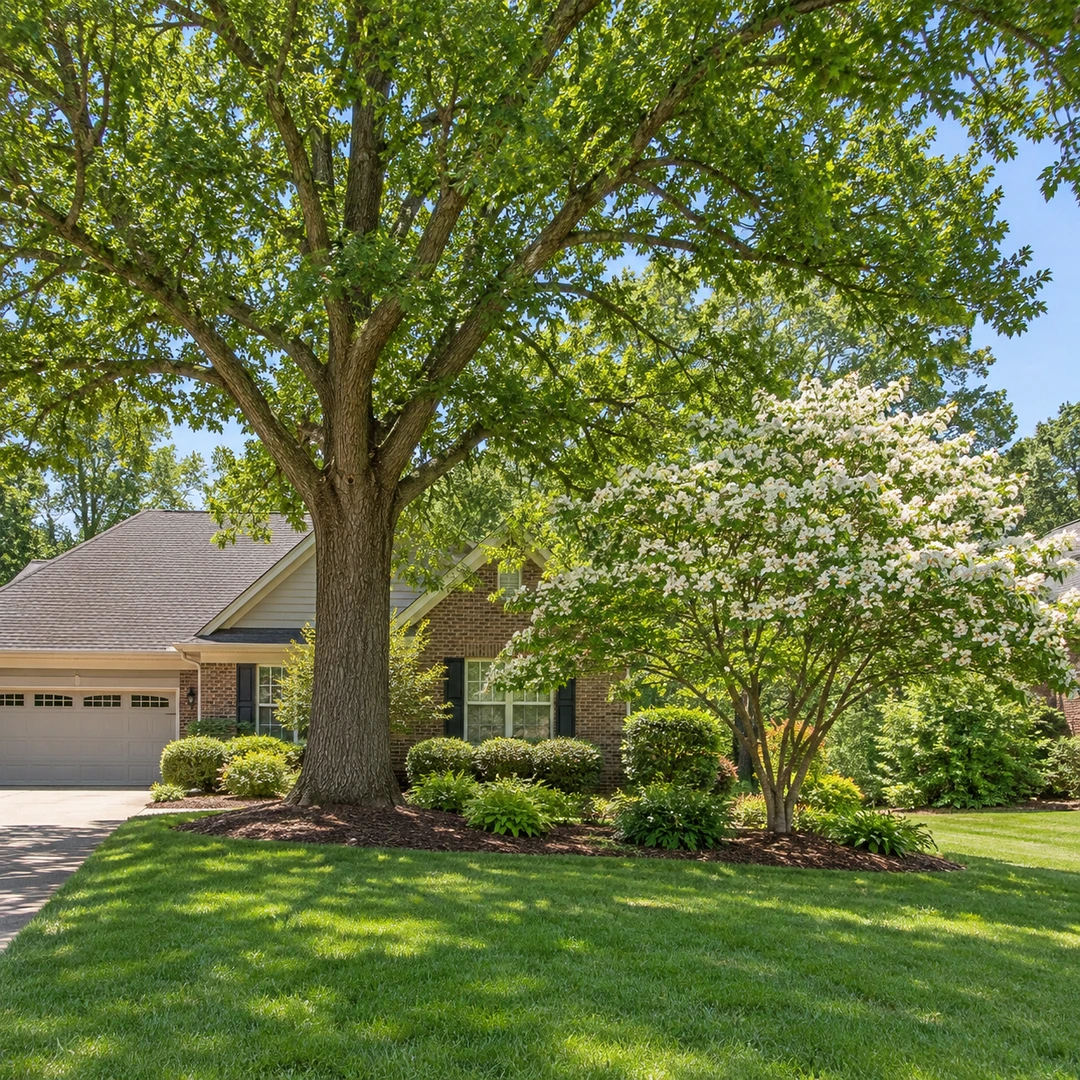 Large shade tree beside a smaller ornamental tree