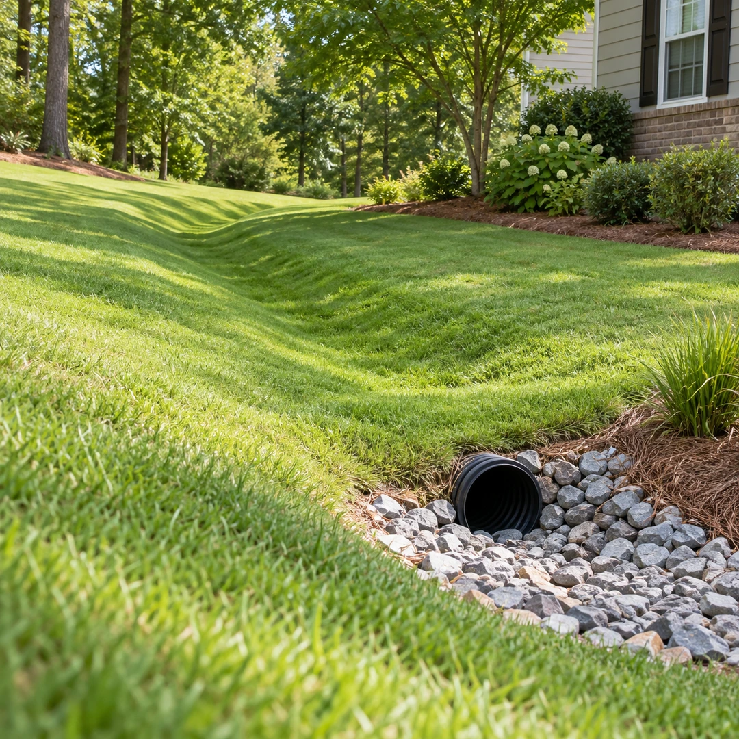 Finished grass swale leading to an unobstructed outlet