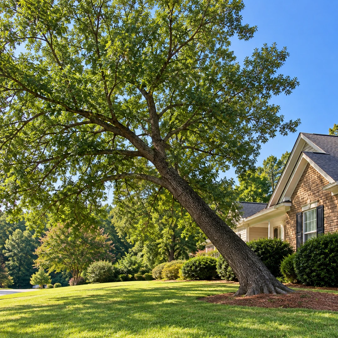 Moderately leaning mature tree beside a suburban house