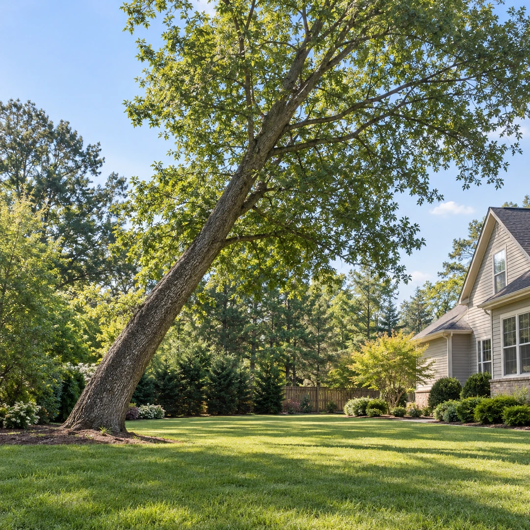 Side view of a leaning tree and open working space