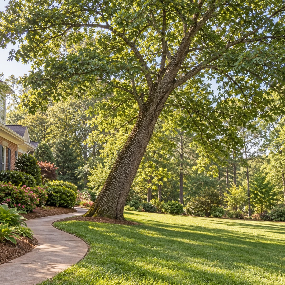 Leaning tree beside an empty garden path