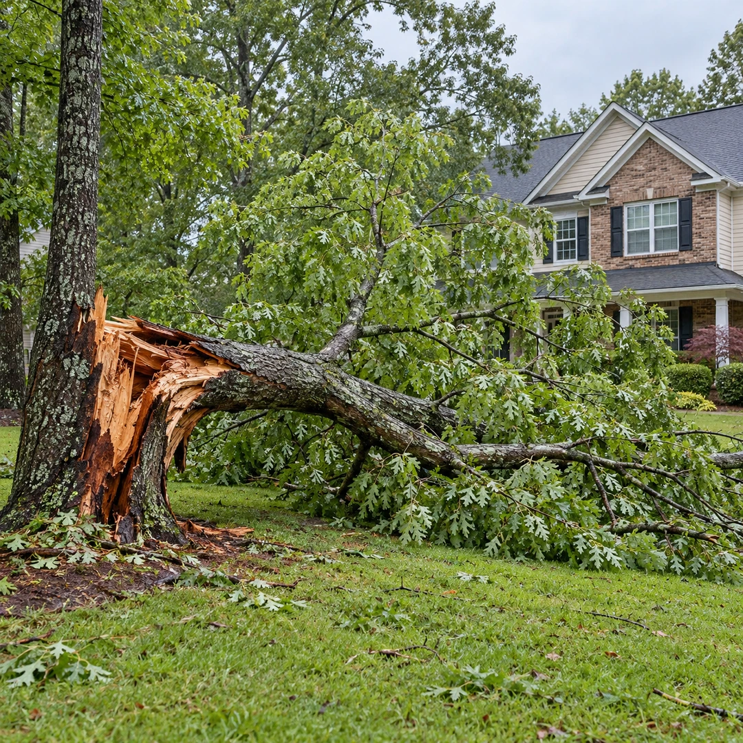 Storm fallen leafy tree with a broken trunk on damp lawn