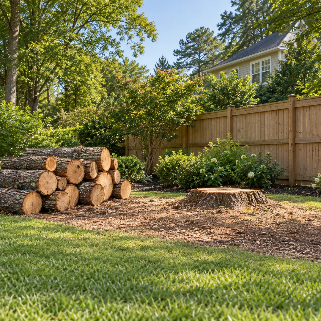 Cleared tree work space with a low stump and stacked logs