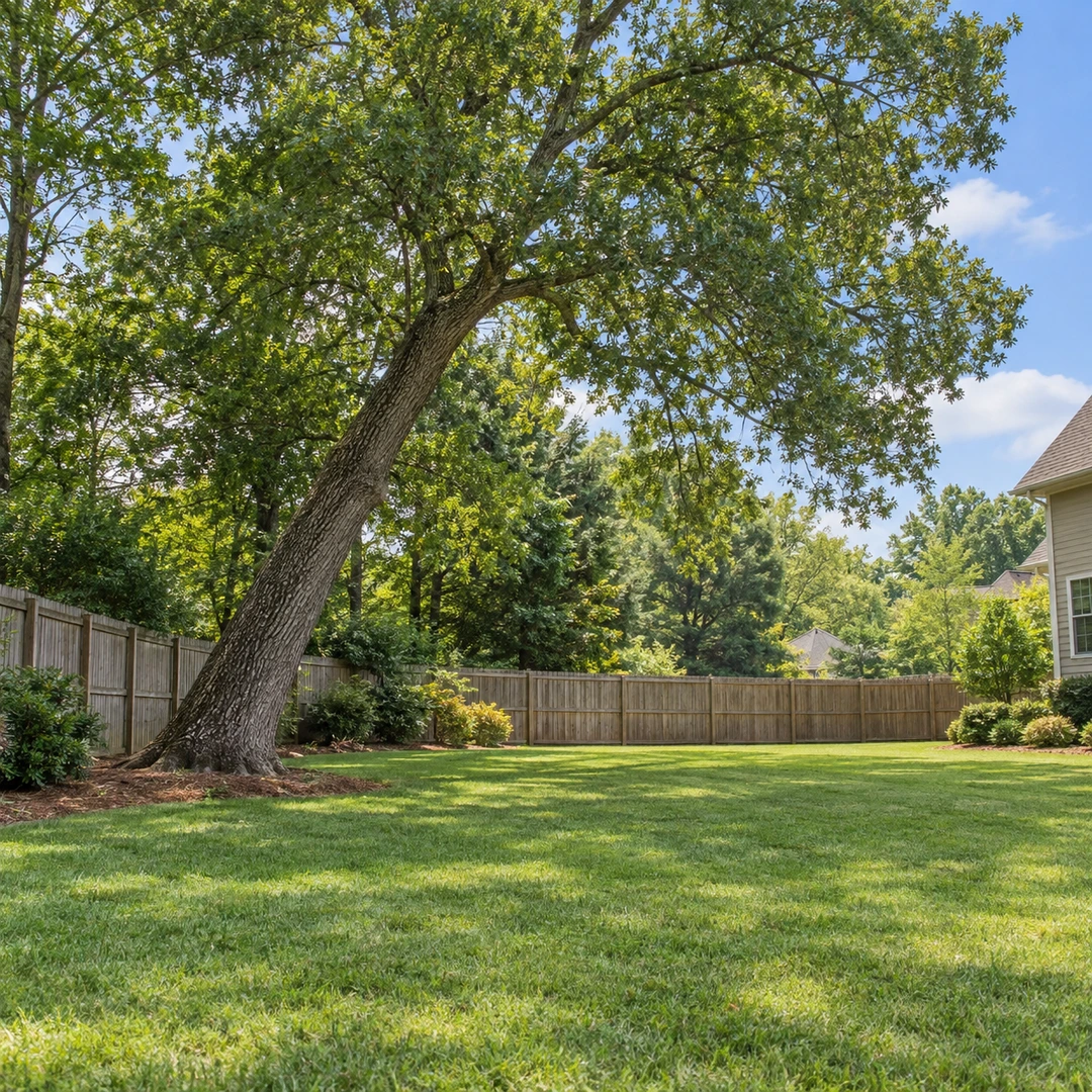 Leaning tree near a fenced backyard with open grass