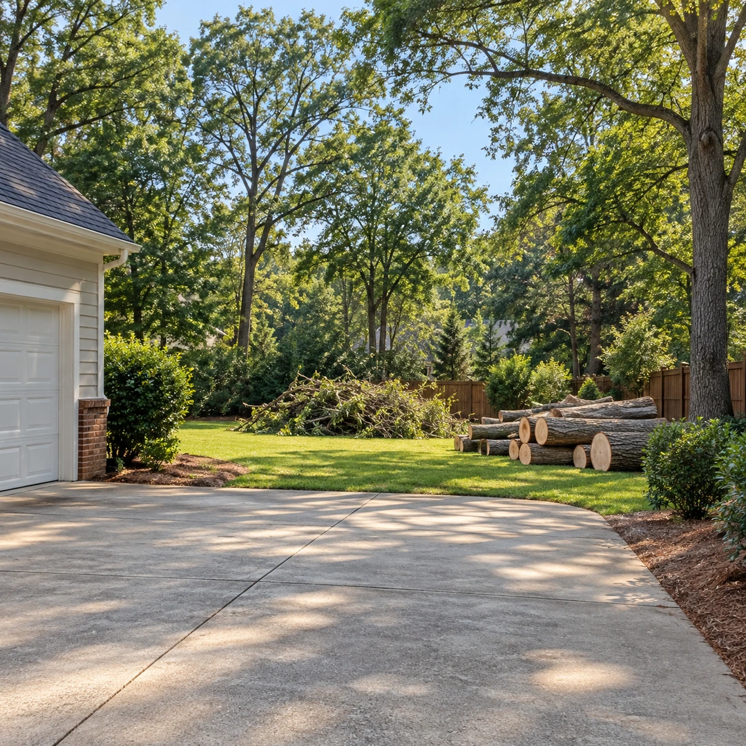 Clear driveway access to logs and a backyard branch pile