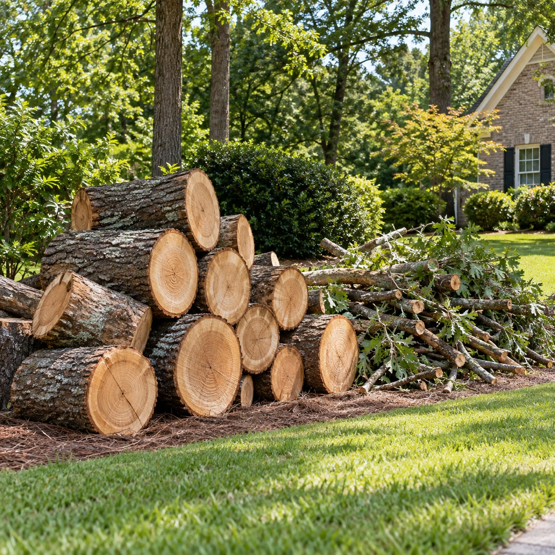 Cut trunk rounds stacked beside a smaller branch pile