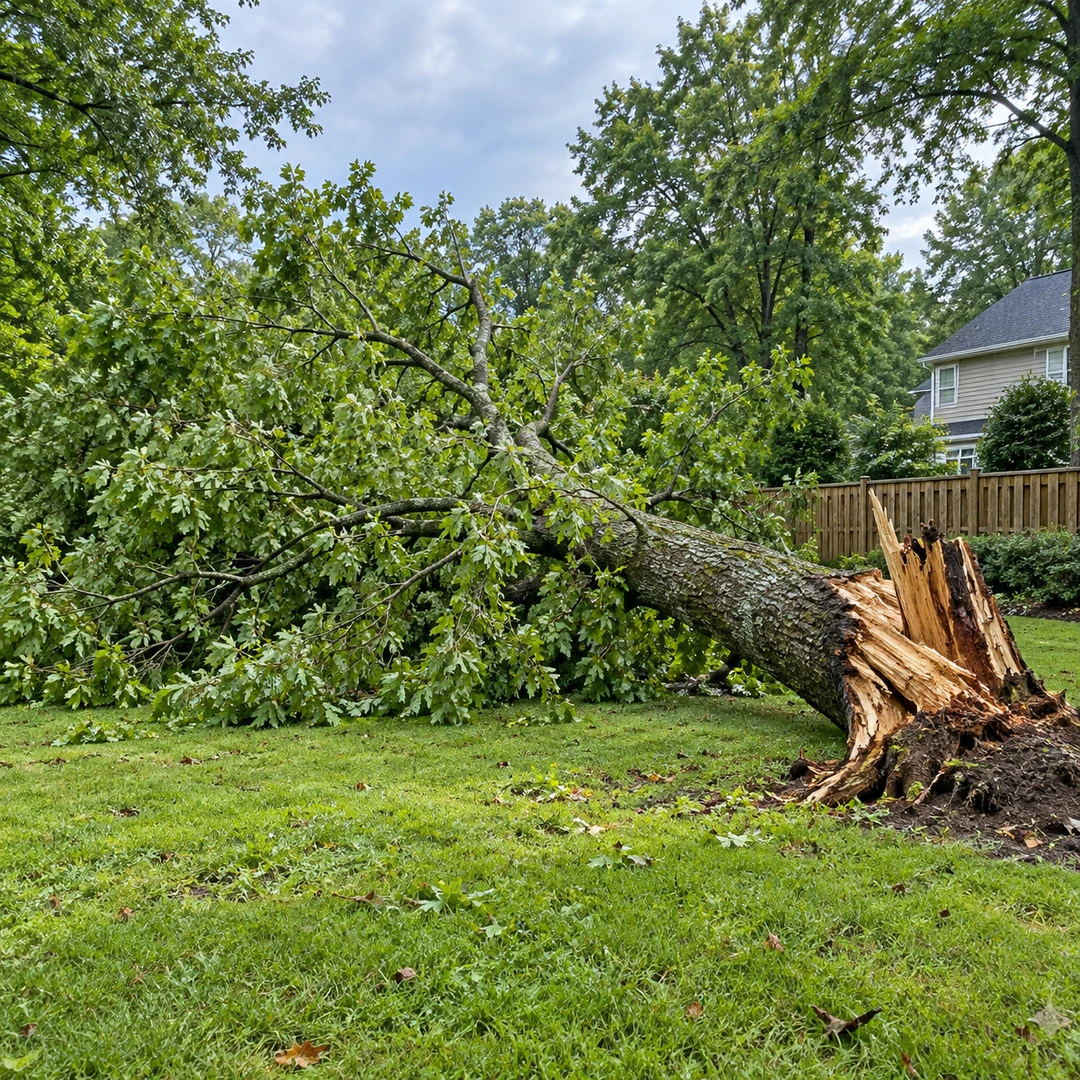 Storm fallen leafy tree with a splintered trunk base