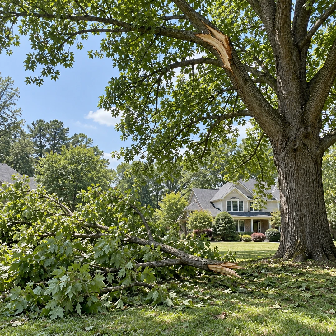 Fallen limb beneath a tree with a storm cracked branch