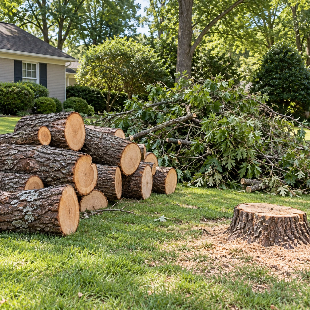 Separate piles of trunk sections and leafy branches near a stump