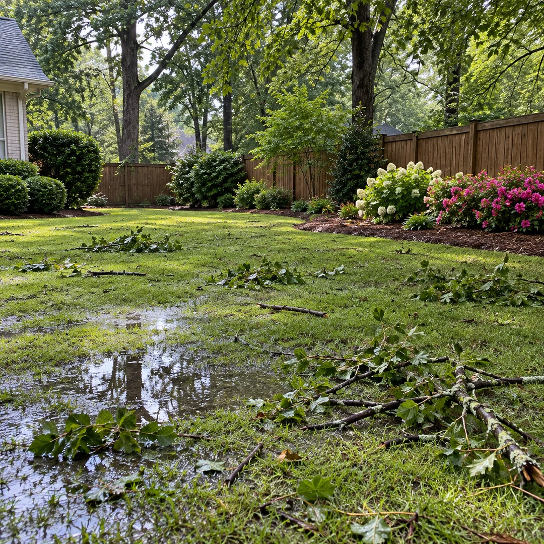 Small branches across damp lawn beside a garden bed