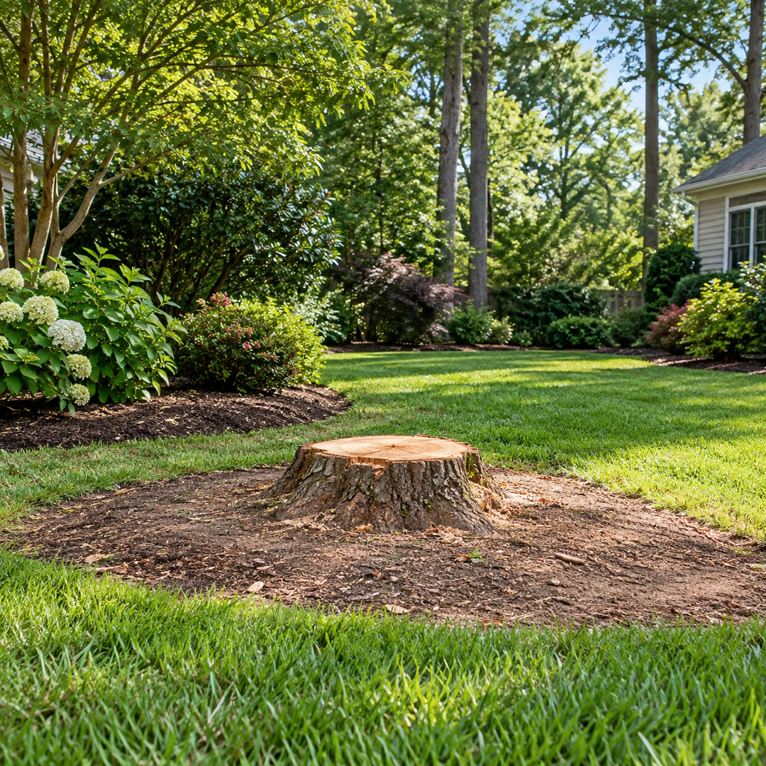 Cleared tree area with a low stump and bare ground patch