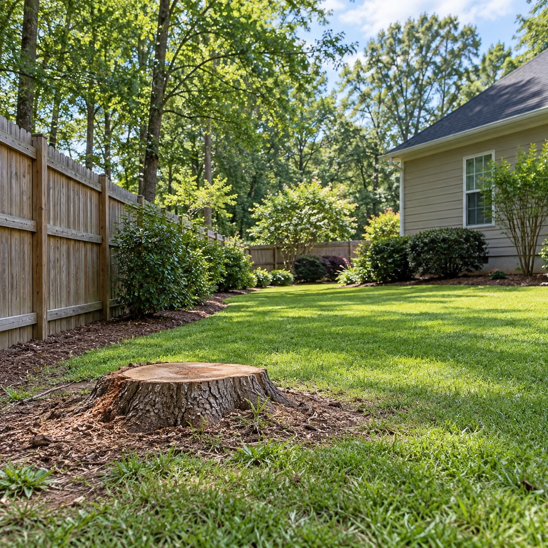 Low stump near a wooden fence with open grass access