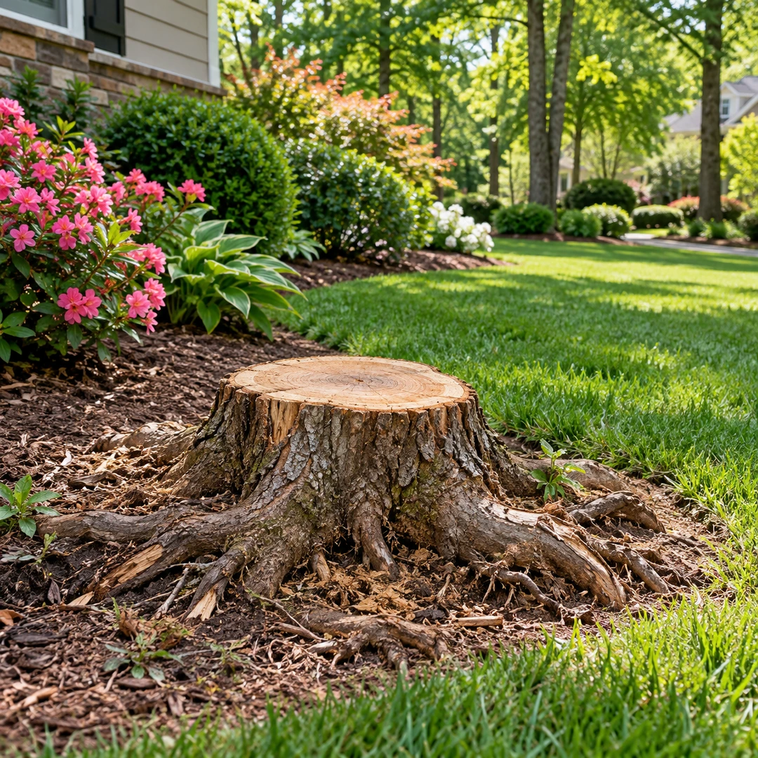 Short stump with natural roots beside a flower bed