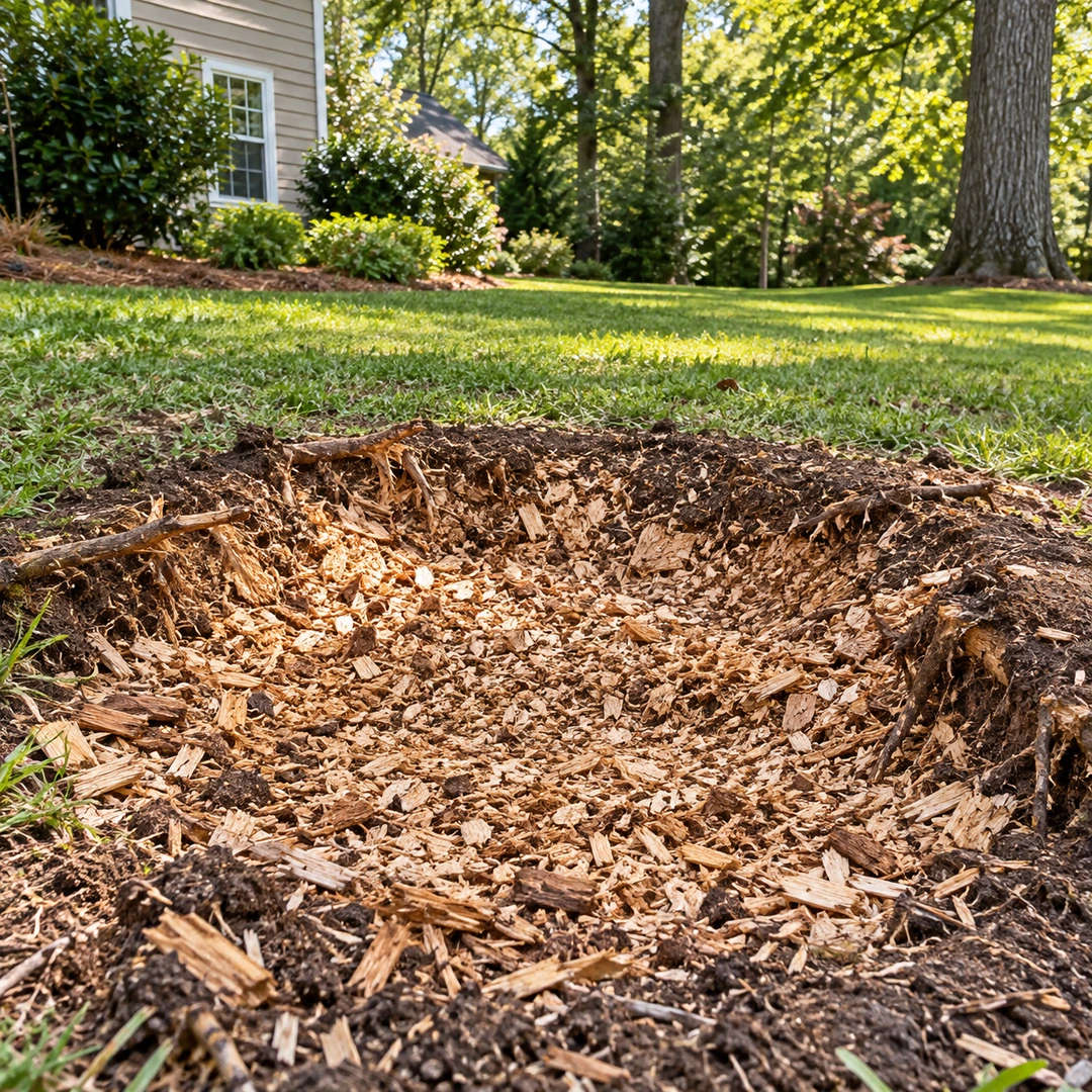 Fresh wood chips in a stump grinding depression