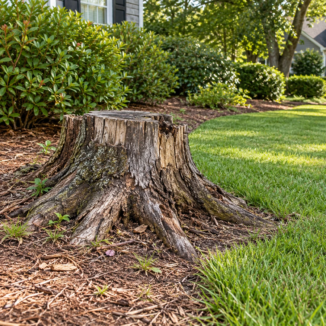 Weathered stump with natural roots beside a shrub border