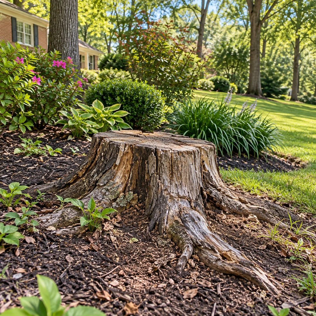 Old stump with naturally exposed roots beside a garden