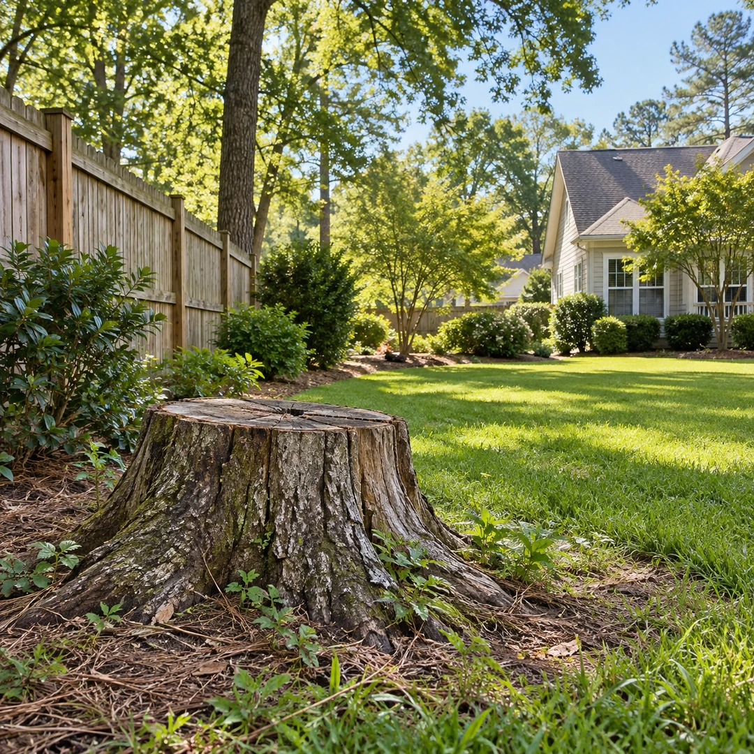 Weathered low stump near a fence with clear lawn access