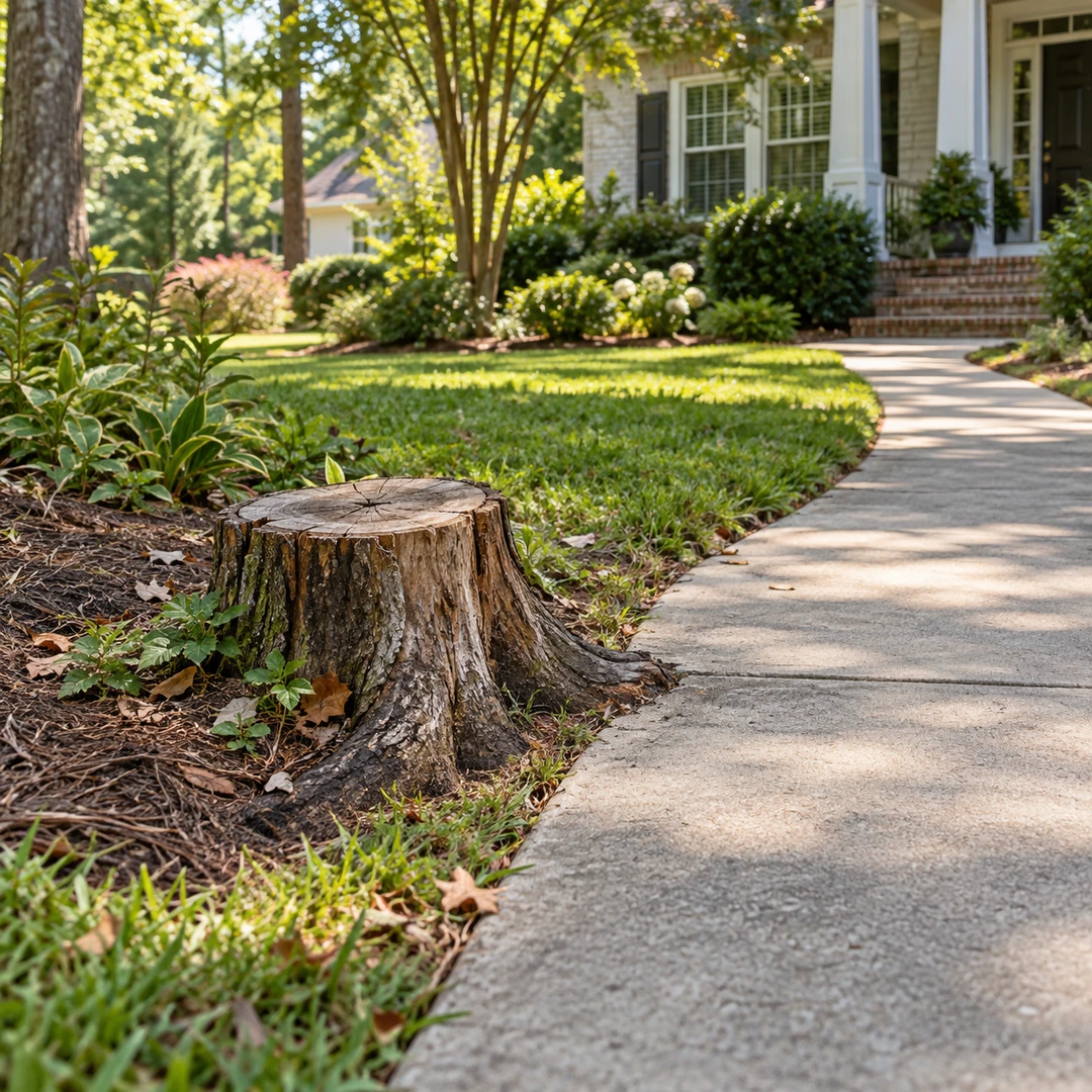 Low stump protruding beside a concrete garden path