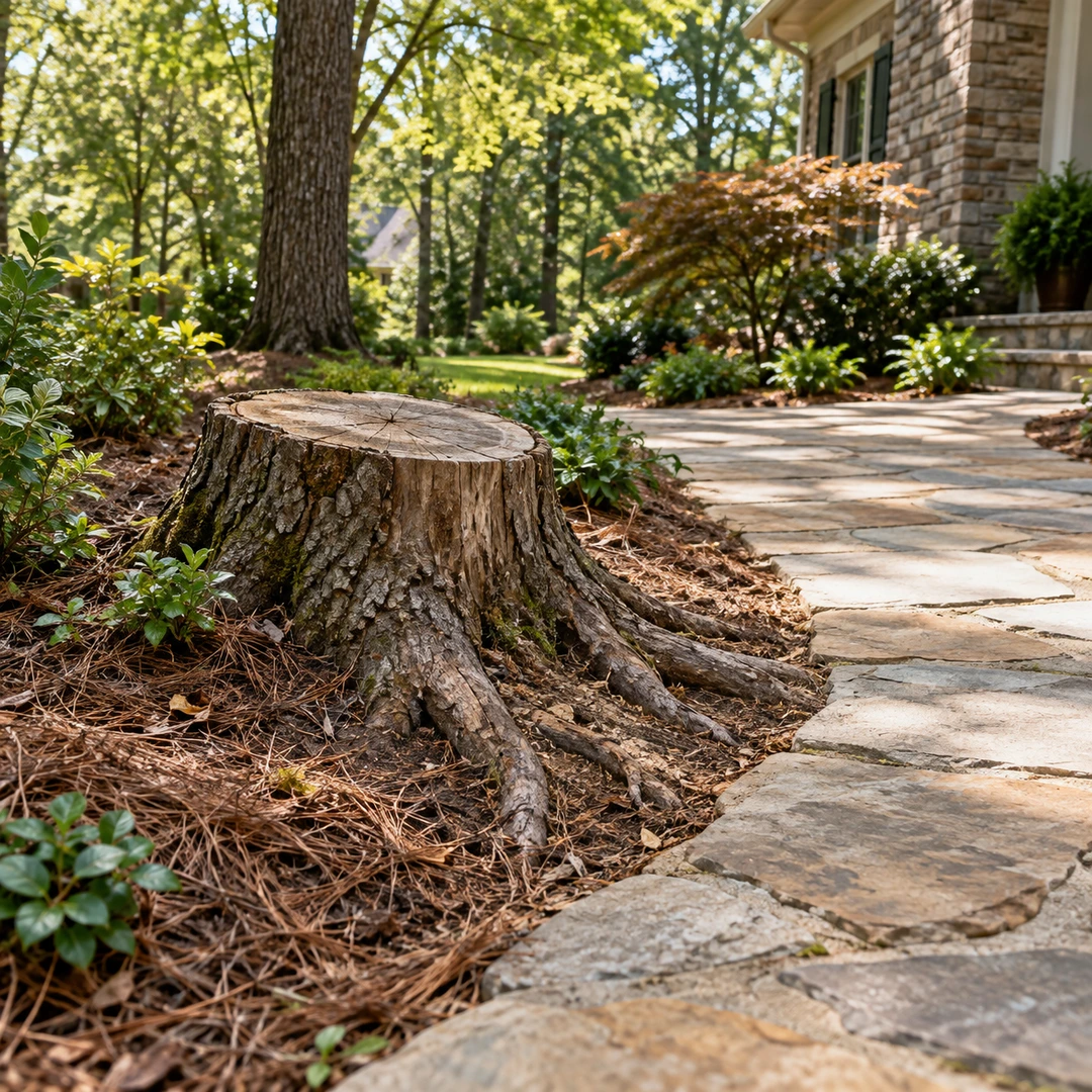 Stump and small roots beside a stone walking path