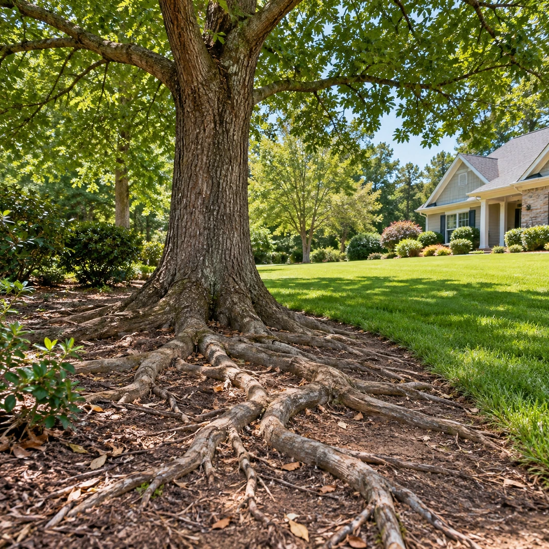 Natural shallow roots exposed beneath a healthy tree