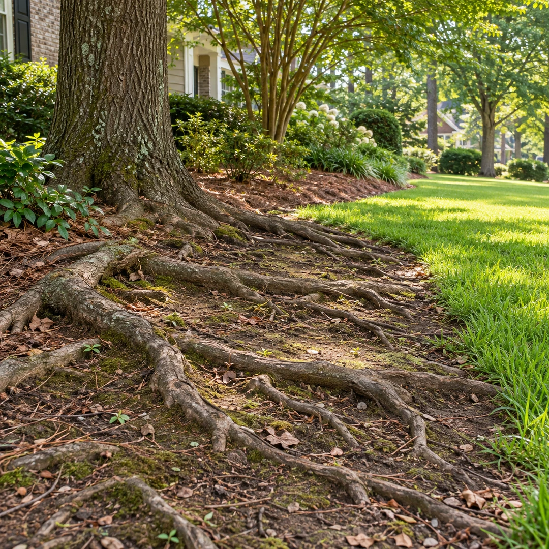 Natural roots raised across soil at a lawn edge