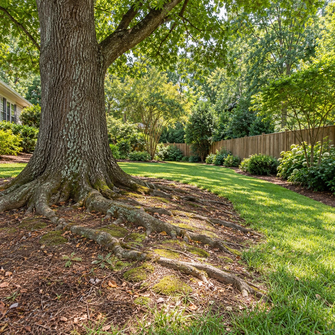 Mature tree with surface roots near a lawn walking route