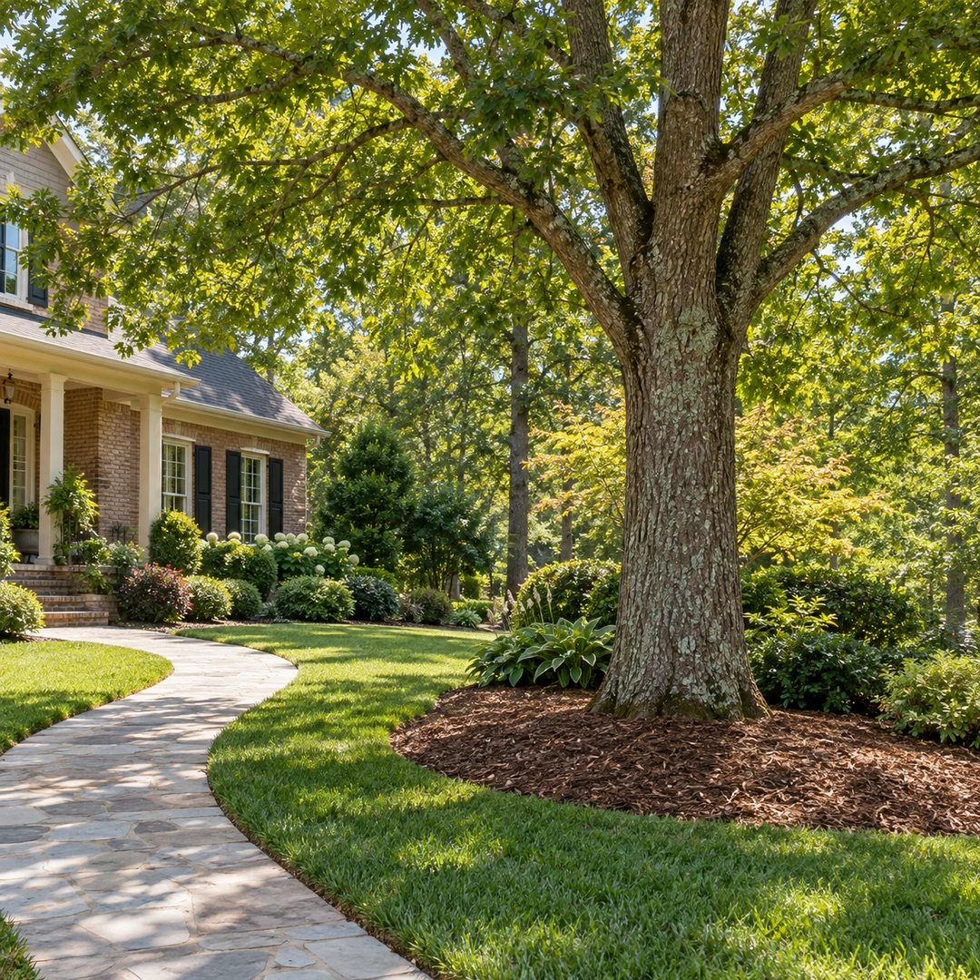 Retained healthy tree beside a path with mulched root zone